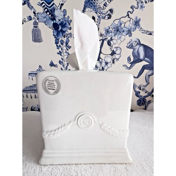 Elyse Fine Porcelain Tissue Box Cover White European ART DECO Leaf Swag 6"x 6" - Picture 1 of 10